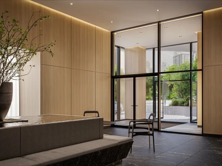 Warm timber interior with a glazed courtyard entrance